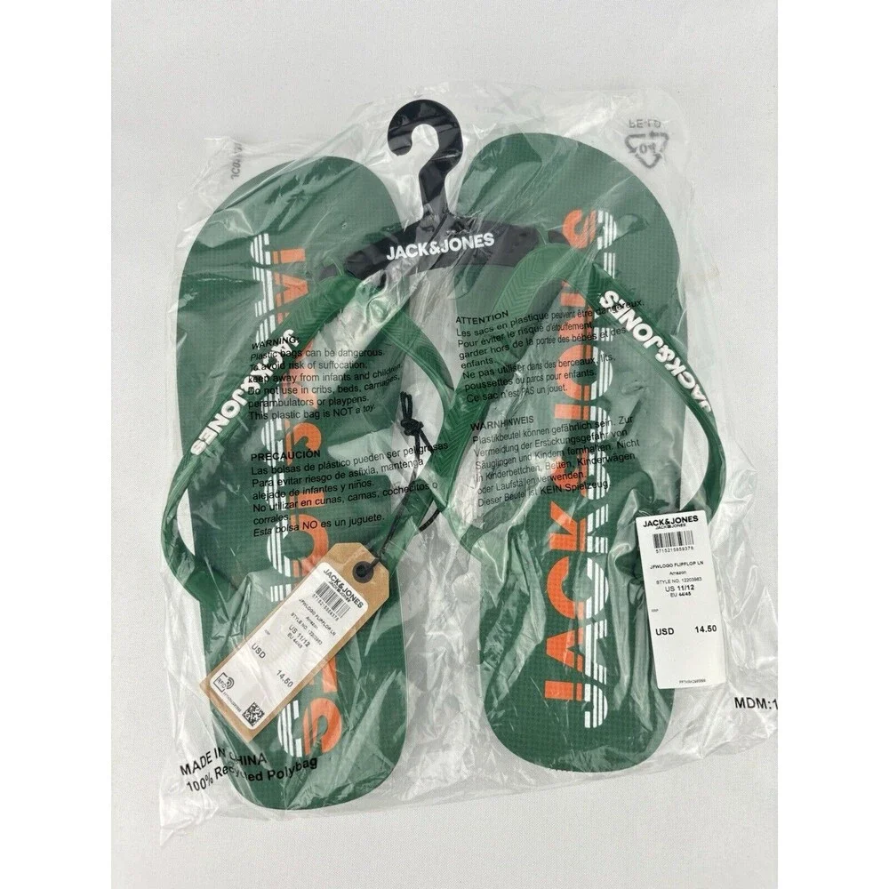 JACK & JONES‎ Premium Flip Flops Sandals Amazon Green Orange Logo Size 11/12